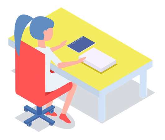 Mujer estudiante en la biblioteca leyendo un libro sentado en la mesa  Ilustración