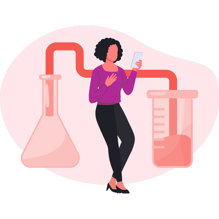 Estudiante femenina realizando investigación química.  Ilustración