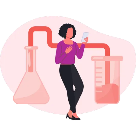 Estudiante femenina realizando investigación química.  Ilustración