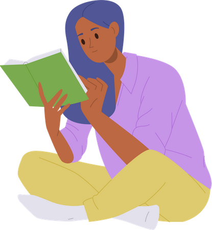Una joven estudiante inteligente y concentrada leyendo un libro con interés disfrutando de una actividad de pasatiempo en interiores  Ilustración