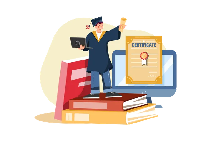 Estudiante obteniendo certificado de grado en línea  Ilustración