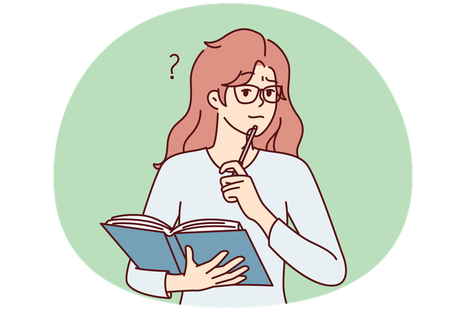 Una estudiante perpleja con una camiseta informal se para con un libro para prepararse para los exámenes.  Ilustración