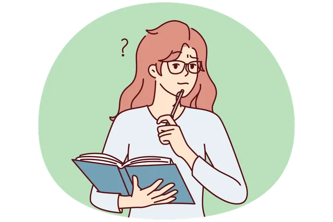 Una estudiante perpleja con una camiseta informal se para con un libro para prepararse para los exámenes.  Ilustración