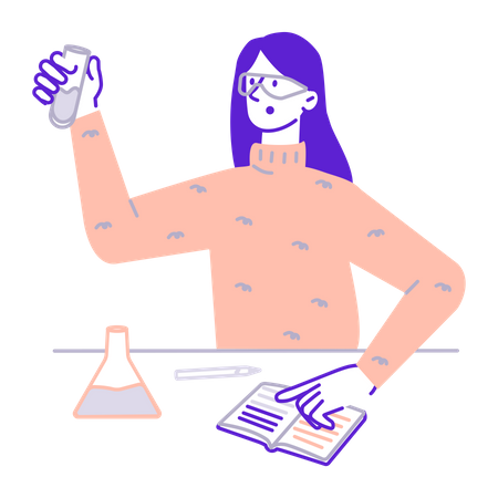 Estudiante realizando experimentos de química.  Ilustración