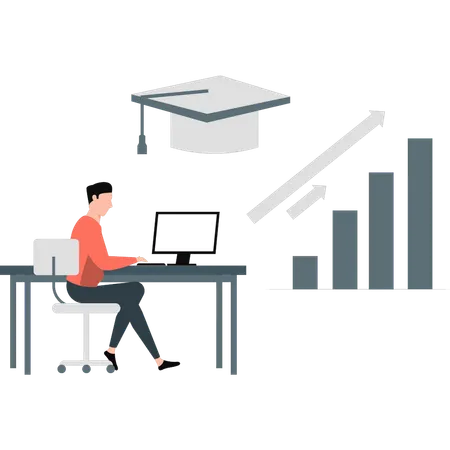 Estudiante verificando datos de gráficos académicos  Ilustración