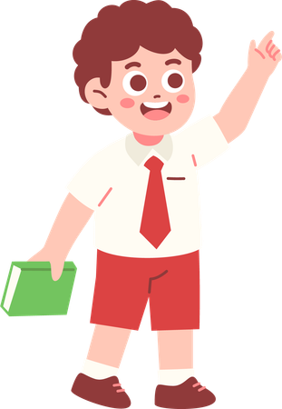 Niño estudiante señalando algo y sosteniendo un libro  Ilustración