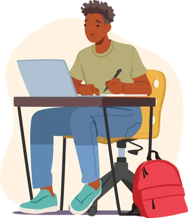 Estudiante varón sentado en el escritorio con una computadora portátil escribiendo en un cuaderno  Ilustración