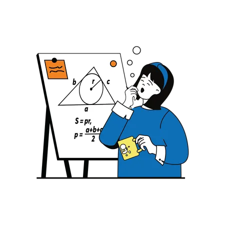 Estudiante somnoliento con taza en mano tratando de resolver la suma matemática  Ilustración