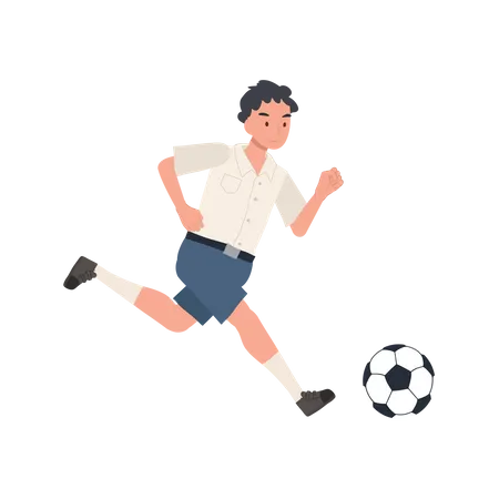 Niño estudiante tailandés jugando al fútbol después de la escuela  Ilustración