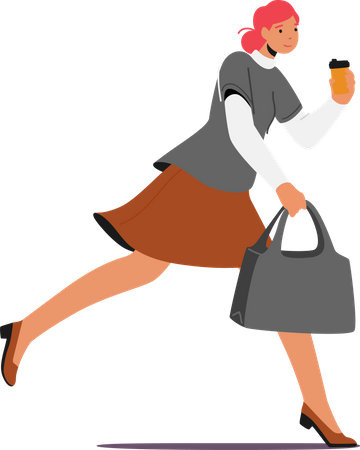 Estudiante, oficinista, personaje de empresaria, date prisa. Chica corriendo con taza de café desechable en la mano tarde en el trabajo  Ilustración