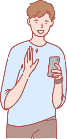 Estudiante universitario levantando la mano mientras usa el teléfono  Ilustración