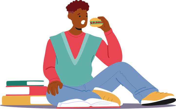 Estudiante universitario se sienta mientras disfruta de una hamburguesa y estudia  Ilustración