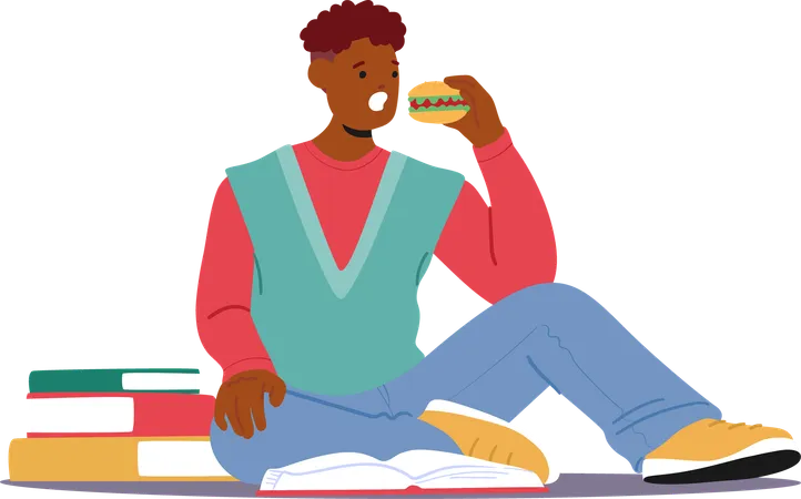 Estudiante universitario se sienta mientras disfruta de una hamburguesa y estudia  Ilustración