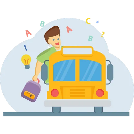 Estudiante yendo a la escuela en autobús  Ilustración
