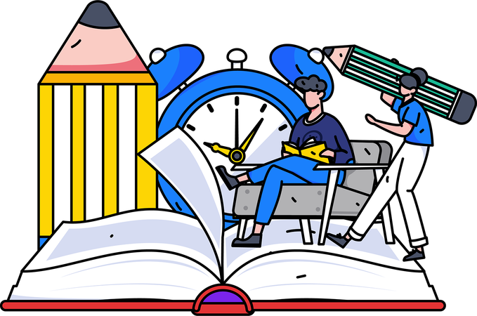 Estudiantes analizando la cuenta regresiva del examen  Ilustración