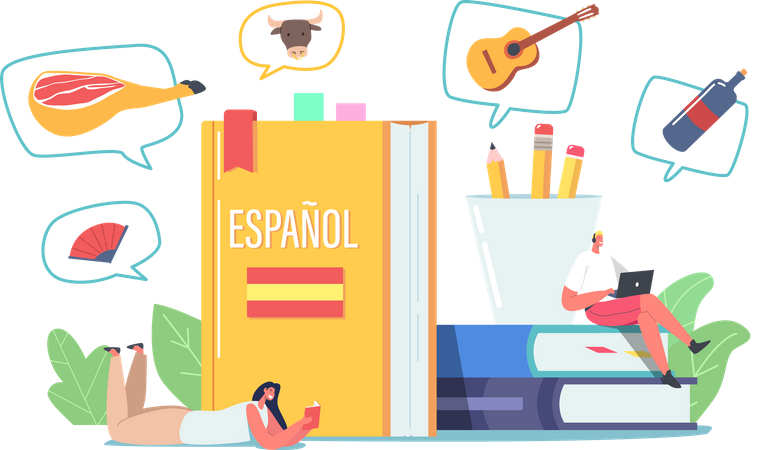 Estudiantes aprendiendo lengua española.  Ilustración