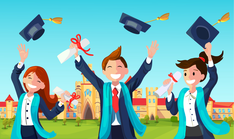 Estudiantes con felicitaciones lanzando sombreros de graduación al aire celebrando  Ilustración