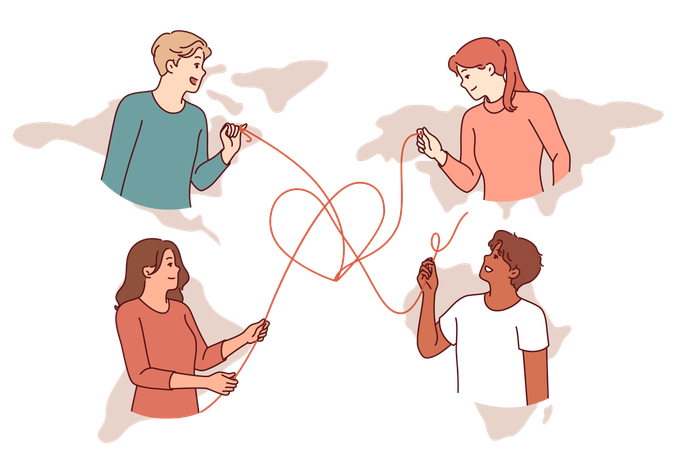 Estudiantes de la comunidad internacional se comunican a través de Internet y participan en actividades de voluntariado.  Ilustración