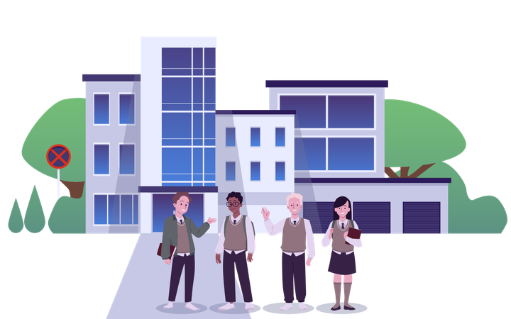 Estudiantes de secundaria saludando cerca del edificio escolar, adolescentes de dibujos animados vectoriales con uniforme escolar, estudiantes multinacionales  Ilustración