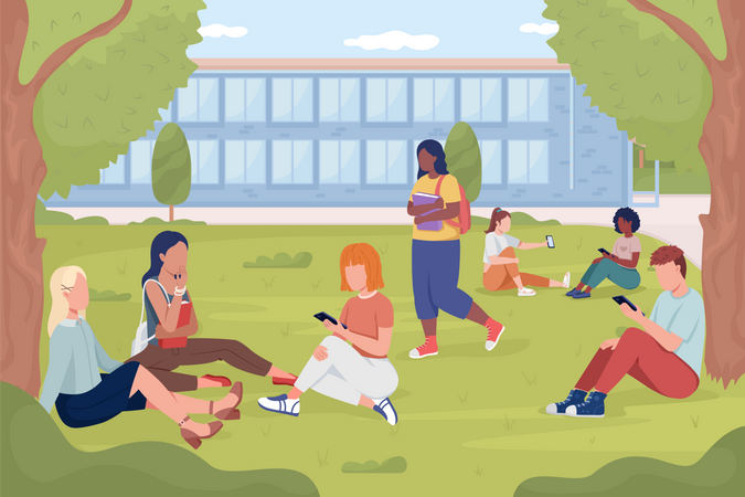 Estudiantes descansando en el césped del jardín cerca de la universidad  Ilustración