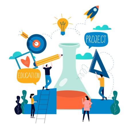 Estudiantes haciendo experimento de química.  Ilustración