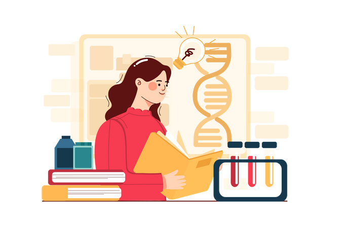 Estudiantes haciendo investigación de ADN.  Ilustración