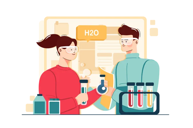 Estudiantes haciendo un experimento en el laboratorio de química.  Ilustración