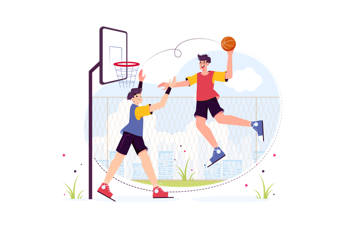 Estudiantes jugando baloncesto en el suelo.  Ilustración