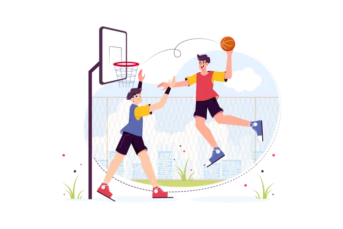 Estudiantes jugando baloncesto en el suelo.  Ilustración