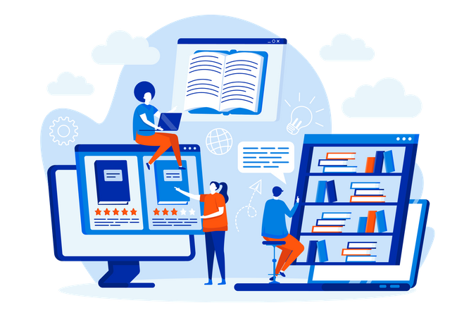 Estudiantes leyendo libros en la biblioteca digital  Ilustración