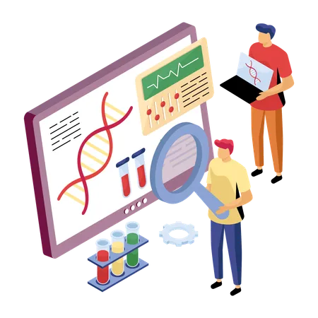 Estudiantes preparando informe de análisis de ADN  Ilustración