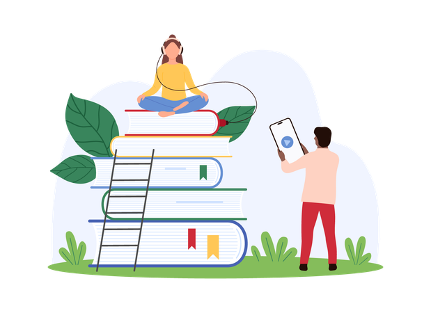 Estudiantes que aprenden a través de audiolibros  Ilustración