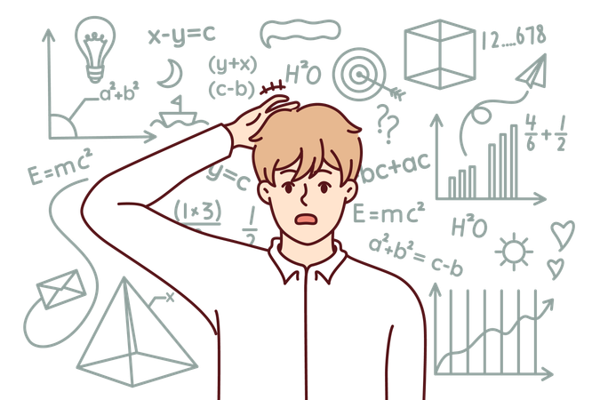 Los estudiantes se confunden con las ecuaciones matemáticas.  Ilustración