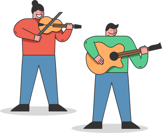 Los estudiantes tocan el violín y la guitarra  Ilustración