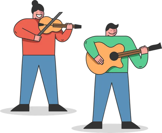 Los estudiantes tocan el violín y la guitarra  Ilustración
