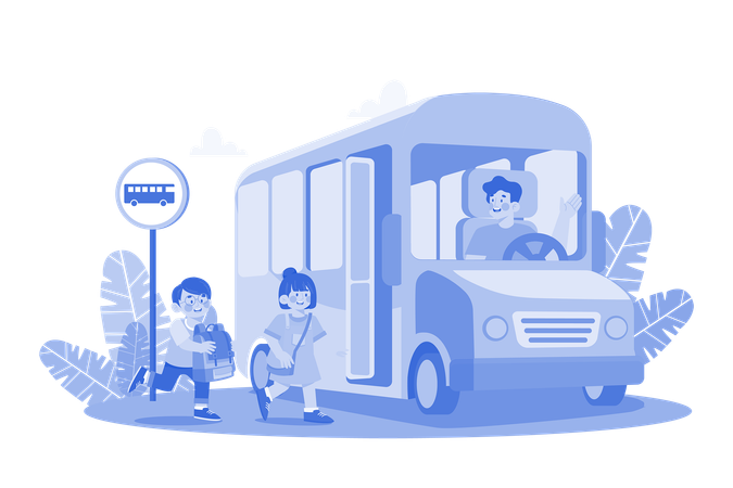 Los estudiantes van a la escuela en autobús escolar.  Ilustración