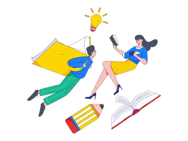 Estudiantes volando junto con libros.  Ilustración