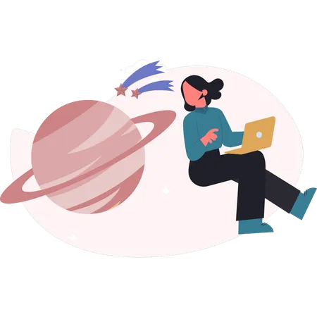 Mujer estudiando Saturno  Ilustración