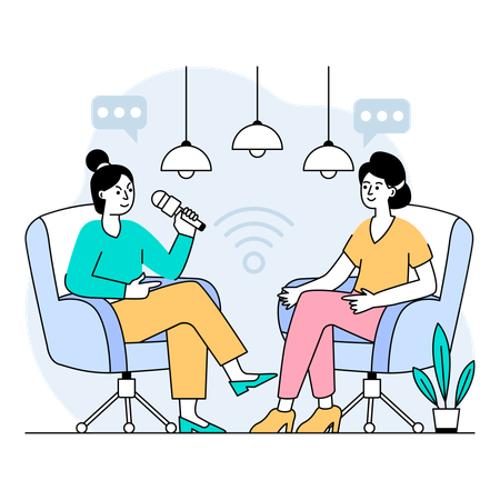 Estúdio de talk show moderno e elegante onde a rainha do podcast apresenta uma entrevista  Illustration