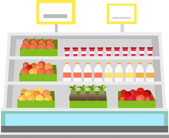 Étagères avec des produits en épicerie  Illustration