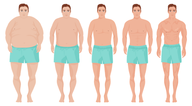 Étapes de perte de poids chez l'homme obèse  Illustration