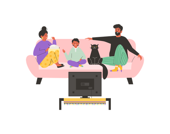 Ethnic Arabian or Hispanic family sitting on the couch at home and watch TV together  Illustration