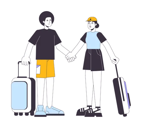 Ethnic Couple Traveling Flat Line Vector Spot Illustration Travelers With Suitcase 2 D Cartoon Outline Characters On White For Web UI Design Vacation Destination Editable Isolated Colorful Hero Image Illustration
