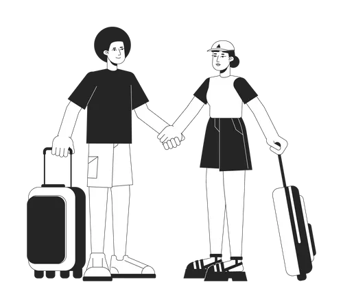 Ethnic Couple Traveling Bw Vector Spot Illustration Travelers With Suitcase 2 D Cartoon Flat Line Monochromatic Characters For Web UI Design Vacation Destination Editable Isolated Outline Hero Image Illustration