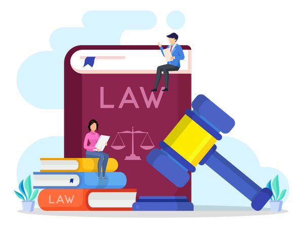 Études de droit. Pile de livres, livre ouvert et juge Gavel Vector  Illustration