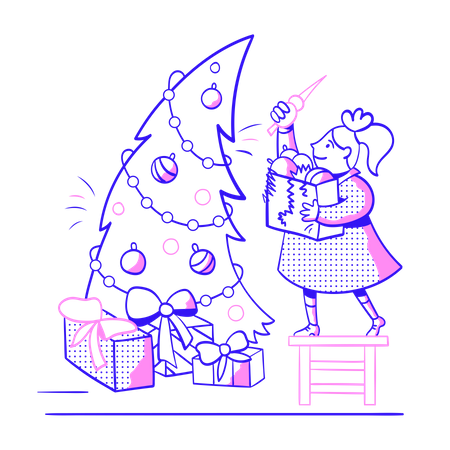Étudiant décorant le sapin de Noël  Illustration