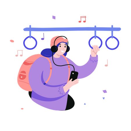 Étudiant écoutant de la musique dans le métro  Illustration