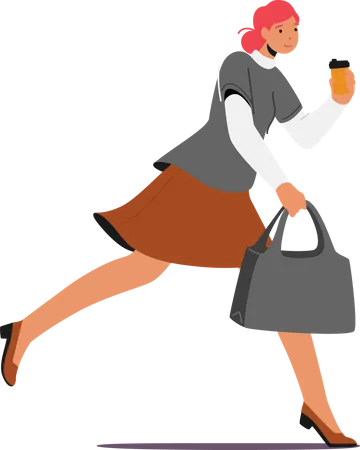 Étudiant, employé de bureau, personnage de femme d'affaires dépêchez-vous. Running Girl avec une tasse de café jetable à la main en fin de travail  Illustration