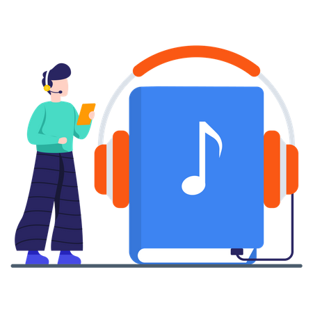 Étudiant masculin écoutant des leçons audio  Illustration