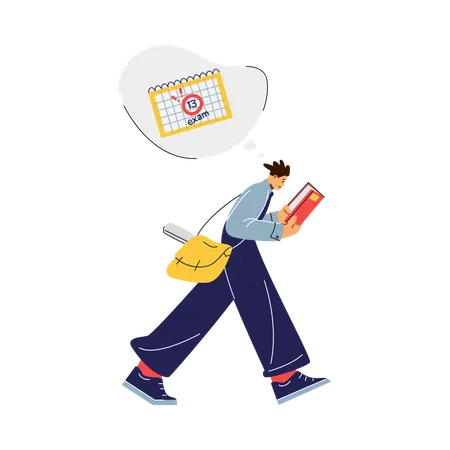 Étudiant marchant et lisant avec une bulle de pensée montrant un calendrier marqué avec la date d'examen  Illustration